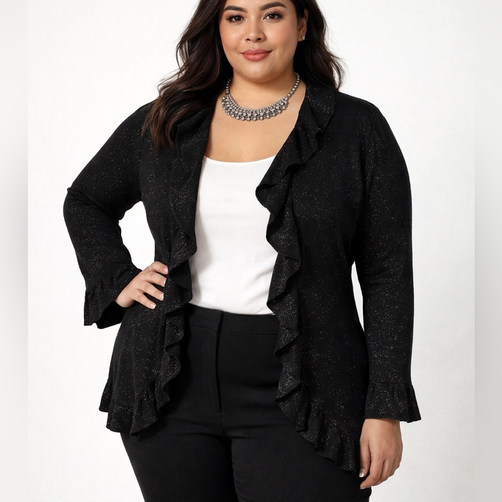 NONE WEST Silk Rayon Open Ruffle Ribbed Cardigan 1X